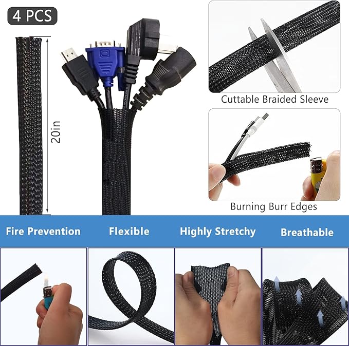 ELII 300PCS Cable Management Kit,4 Cable Sleeve 35 Cable Clips with 11Cord Holders,20 Roll Cable Organizer Straps and 200 Fastening Cable Ties,20 Cable Zip Tie Mounts for Computer TV Under Desk