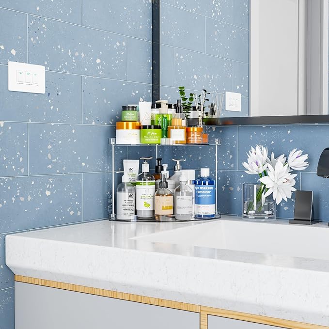 Yieach Clear Corner Bathroom Counter Organizer,2Tier Tiered Countertop Corner Shelf for Perfume,Beauty Products,Makeup Organizer,Skincare Organizers,Vanity Storage Tray for Bedroom,Bathroom Sink Shelf