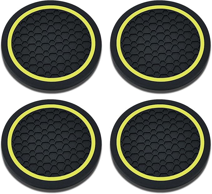 4PCS Car Cup Holder Coasters, 2.75 Inch Non-Slip Insert Cup Holder Pad, Dustproof Automotive Interior Accessories Mat, Universal for Trucks, Vehicles, RVs and More (Black/Yellow)