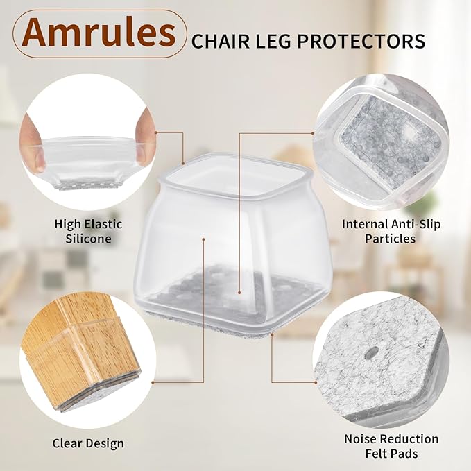 36Pcs Square Clear Chair Leg Floor Protectors, Silicone Chair Feet Caps to Protect Tile Floors, Felt Pads Furniture Leg Caps Covers from Scratches and Noise (Clear, Large Fit:1.03"-1.6")