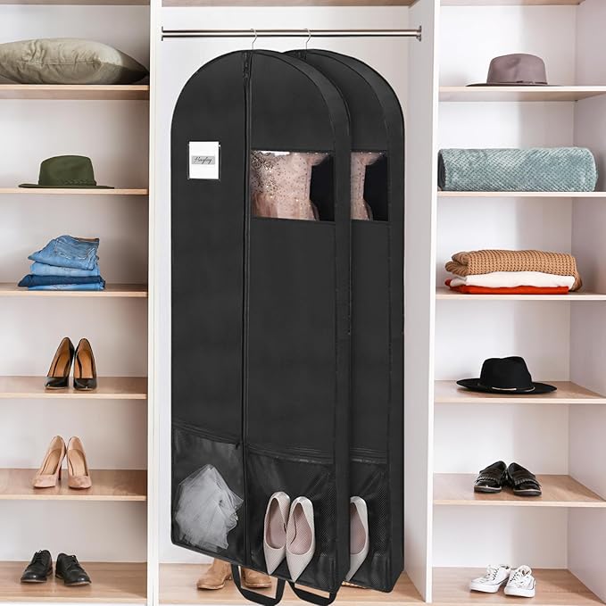 2 Pack 65" Long Garment Bags for Dress Travel Garment Bag with 4" Gusseted Wedding Dress Cover with 2 Mesh Pockets and 2 Carry Handles(Black)