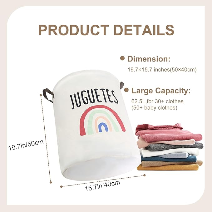 Mziart Kids Laundry Basket for Girls Boys, Cute Baby Laundry Hamper Waterproof Collapsible Large Storage Basket Nursery Toy Bin Home Decor Gift Baskets for Bathroom Bedroom 19.7 Inch (Rainbow)