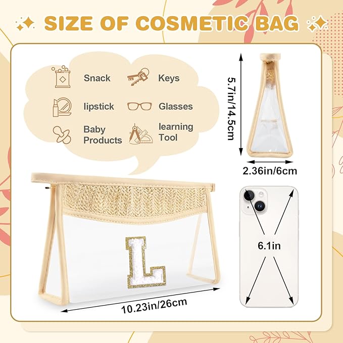 Personalized Initial Letter Bag Boho Straw Clear Makeup Bag, Small Cute Chenille Varsity Letter Bag With Zipper, Beach Travel Toiletry Bag, Portable Monogrammed Cosmetic Bag for Women Girls, L