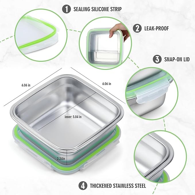 2 Pack 24oz Stainless Steel Sandwich Containers with Airtight Leak-Proof Lids, Reusable Metal Lunch Boxes for Meal Prep, Bento, Snack, Travel & Family, BPA-Free Dishwasher Safe (Green, Black)