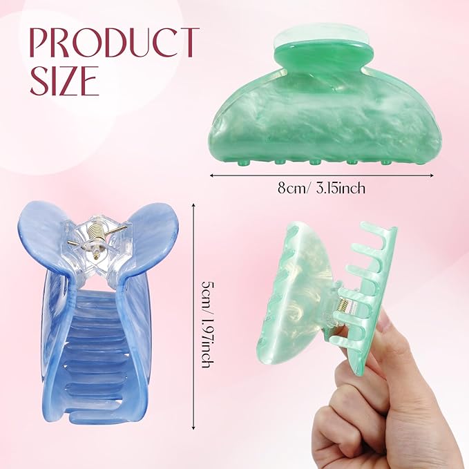 8 Pcs Large Acrylic Hair Claw Clips for Women Non-slip Strong Hold Jaw Clamps for Thick Thin Hair (French,Turquoise Color)