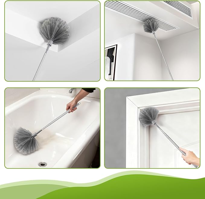 100-inch Duster with Extension Pole, 8-in-1 Cobweb Duster Kit Includes Chenille Head & Retractable Gap Cleaner, Spider Web Brush for High Ceiling, Fan, Car, and Home Cleaning