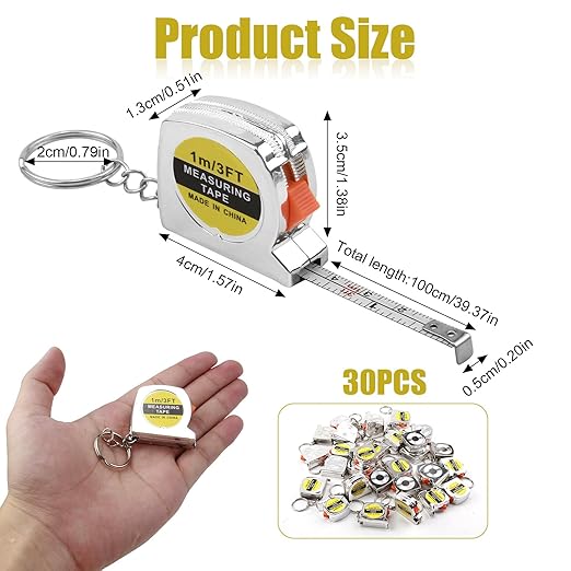 30 Pack 3ft Mini Tape Measure Keychain, Sliver Portable Retractable Small Tape Measure with Slide Lock, Construction Party Favors for Prize Bag Filler DIY Projects School Office Home Project Daily Use