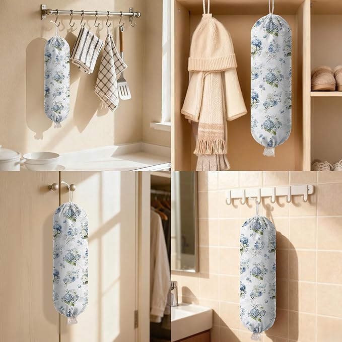 Plastic Bag Holder Dispenser, Floral Plastic Grocery Bag Organizer & Wall Mount Paper Trash Bags Saver Storage for Kitchen Home Pantry Decor, Hydrangea Floral Kitchen Decor
