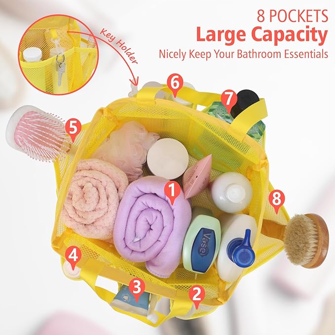F-color Mesh Shower Caddy Portable, Upgraded Deeper 7-Pocket Shower Bag Basket Tote for College Dorm Room Toiletry Bathroom Essentials Gym Camp Quick Dry with 2 Handles and S Hook, Yellow