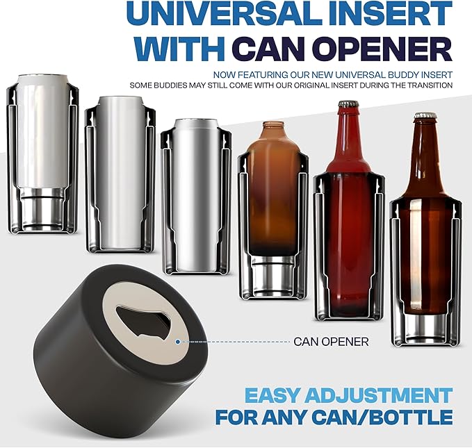 Frost Buddy Universal Can Cooler - Fits all - Stainless Steel Can Cooler for 12 oz & 16 oz Regular or Slim Cans & Bottles - Stainless Steel (Shake My Bones)
