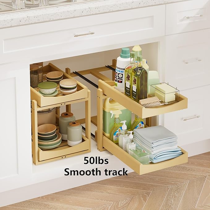 Wisuce Essentials Bamboo Under Sink Organizer Adjustable Height 2 Tier Bathroom Organizer Pull Out Cabinet Storage Kitchen Heavy Duty Wood Slide Out Shelf for Kitchen Bathroom (Nature, 2 Packs)