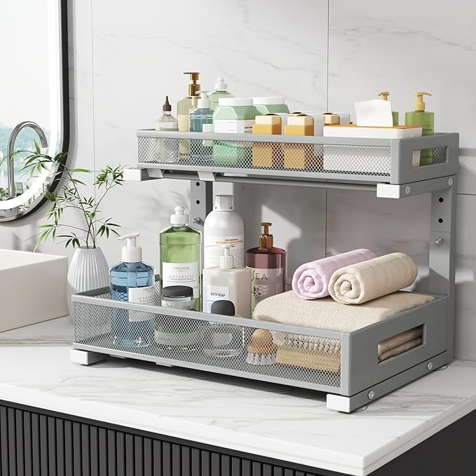 Biboraya 1 Pack 17IN Depth Under Sink Storage Organizer, Large 2-Tier Elegant Mesh Pull Out Shelf for Kitchen and Bathroom Cabinet Organization, L-Shaped and Adjustable Height Design-Gun Gray