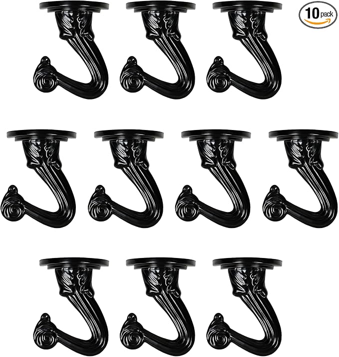 Aidoclip Ceiling Swag Hook Sets - Heavy Duty Hooks with Mounting Hardware for Hanging Plant, Ceiling or Extender Chains - Easy Install with Screws/Brackets (10 pcs - Black)
