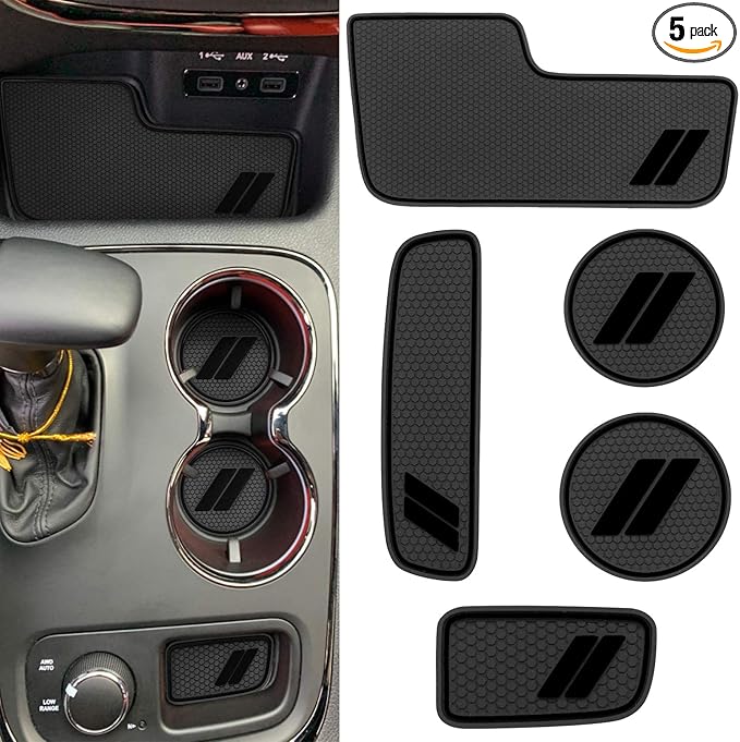 Center Console Mats for Durango Accessories 2014 2015 2016 2017 2018 2019 2020 Cup Holder Insert Coasters Custom Fit Cup Liners Pads Interior Decoration (Black Trim) - 5 Pcs Set