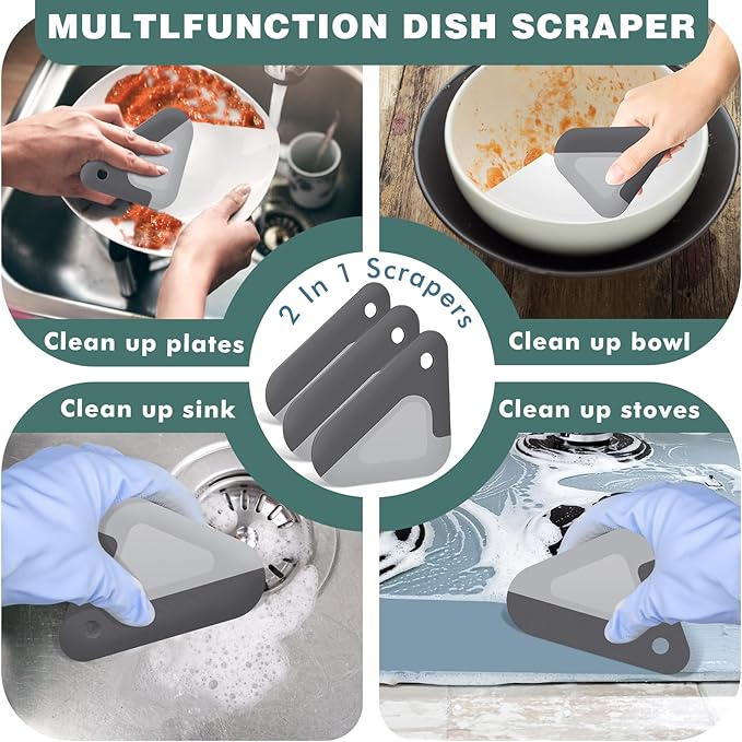 Food Scraper, 2-in-1 Pot and Pan Dish Scraper, Nylon and Silicone, Kitchen Scraper Tools for Cast Iron Skillets, Cookware, Dishes, Pans and Pots, Heat Resistant, Set of 3