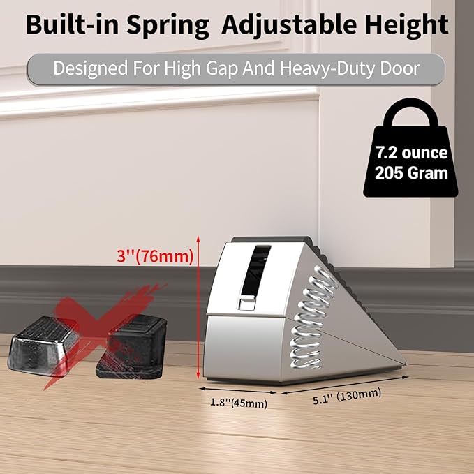 ZDZQJIA Heavy Duty Door Stoppers for Bottom of Door - Adjustable Spring Large Door Stop Wedge, Anti-Slip Rubber Grip,3" High Metal Doorstop Suits Carpet,Tile,Commercial,Home-Silver1Pc+1 Wall Protector