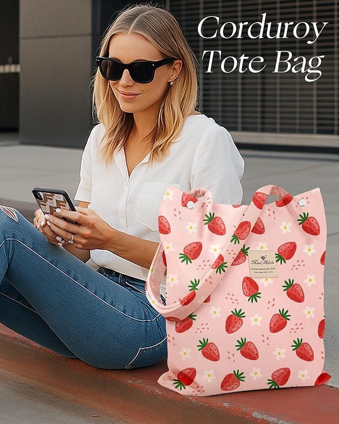 Miss Adola Corduroy Tote Bag for Women - Reusable Totes with Pocket & Buckle Cute Aesthetic Shoulder Bag for Work Travel