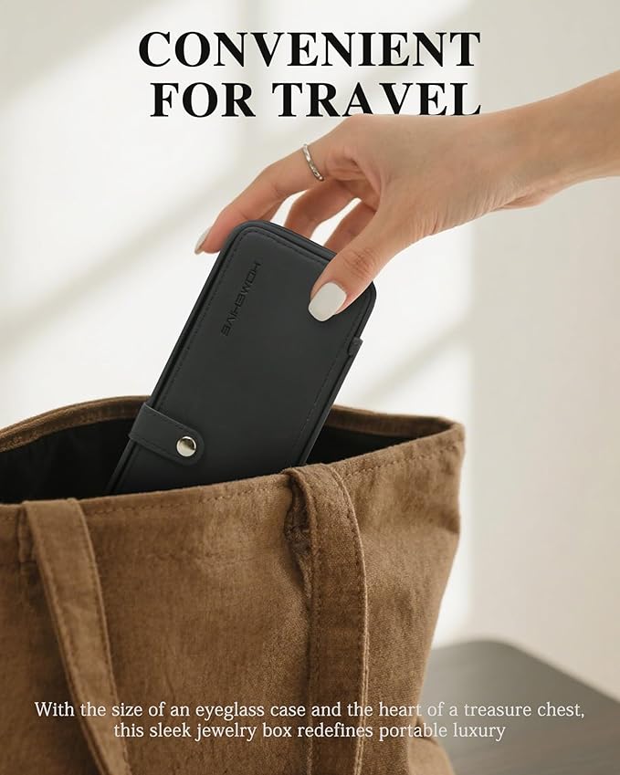 Travel Jewelry Organizer Box – Leather Jewelry Case Gift for Women and Girls – Jewelry Organizer and Storage with 5 Anti-Tarnish Velvet Pouches & Mirror – Portable for Trips and Daily Use