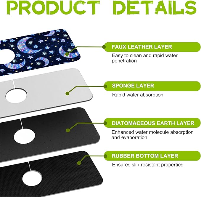 Kitchen Sink Splash Guard Faucet Mat Super Absorbent Fast Drying Mat Guard Behind Faucet Drip Catcher for Kitchen Bathroom (Blue Stars Crescent Moon, 15.5"X5.5")