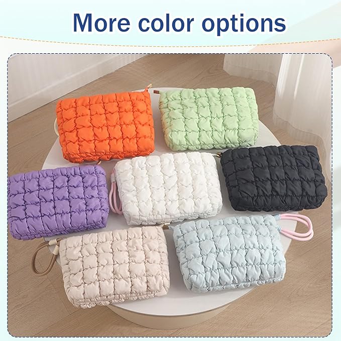 Puffy Quilted Makeup Bag Cosmetic Bag Equipped with a Detachable Handle Cute Zipper Pouch for Storage Clutch for Women(Purple)