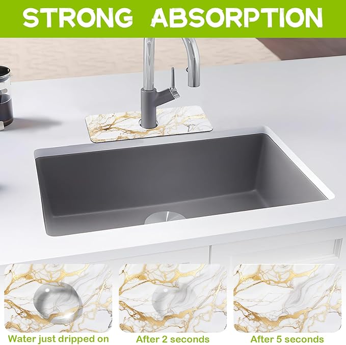 Kitchen Sink Splash Guard Faucet Mat Super Absorbent Fast Drying Mat Guard Behind Faucet Drip Catcher for Kitchen Bathroom (Gray Gold Marble, 23.5"X5.5")