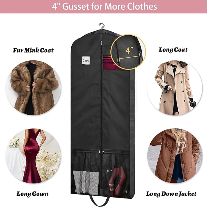 Dress Bags for Gowns Long, 65" Dress Garment Bags for Hanging Clothes, Dress Bags for Closet Storage and Traveling, Foldable Dress Cover