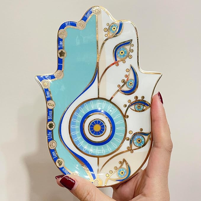 Exquisite Small Ceramic Jewelry Tray - Trinket Dish Evil Eye Decor, Gold Plate Ring Holder, Modern Boho Home Essentials, Perfume Organizer, Witchy, Aesthetic Room Decor (Blue Hamsa)
