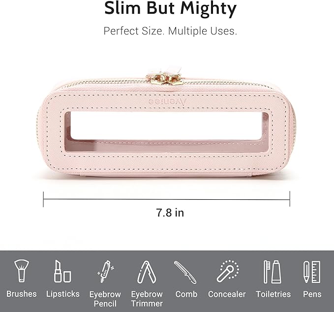 Aveniee Clear Makeup Brush Bag, Slim Cosmetic Brush Holder, small Toiletry Bag Mini Travel Case for Women, Thin Make up Bags with Dual Zipper, Cute Travel Essentials Organizer,Pink