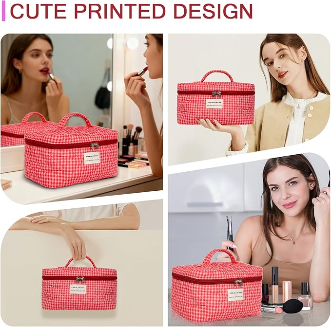 Large Makeup Bag, Cute Cosmetic Bag for Women Girls, Floral Coquette Aesthetic Toiletry Bag, Travel Make Up Organizer Bag(Red Checkered)