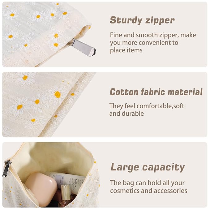ZLFSRQ Daisy Flower Makeup Bag Travel Cute Floral Cosmetic Bags for Women Large White Toiletry Pouch Zipper Cosmetic Pouch for Purse Aesthetic Makeup Organizer Bag Portable Toiletry Bags