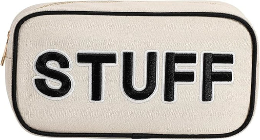 uekeboag Canvas Chenille Letter Stuff Makeup Bag,Small Travel Washable Organizer Bag for Purse with Zipper, Cute Personalized Preppy Cosmetic Bag For Women and Girls(01Black-Stuff)