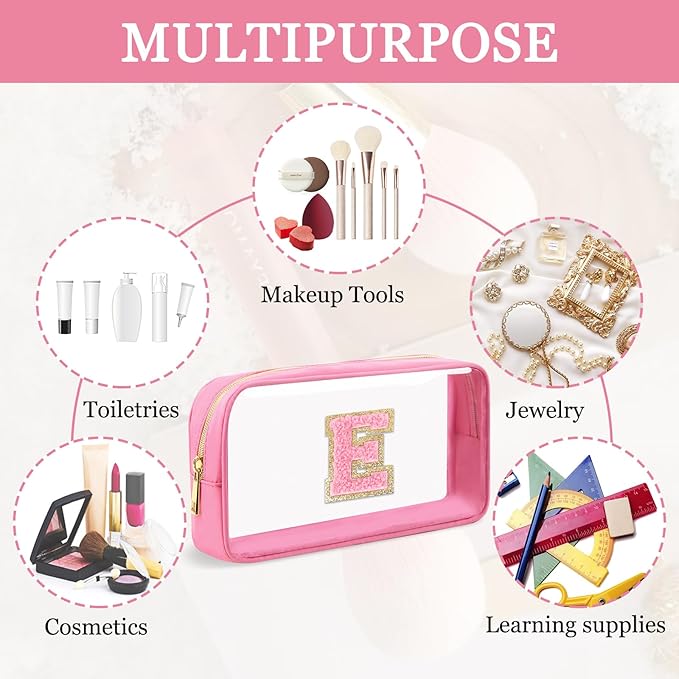 Small Clear Personalized Initial Makeup Bag,Nylon Preppy A-Z Chenille Letter Patch Cosmetic Pouch Beach Toiletry Bag,Waterproof Zipper Travel Purse Storage Bag Organizer for Women Girls(Pink-Pink E)