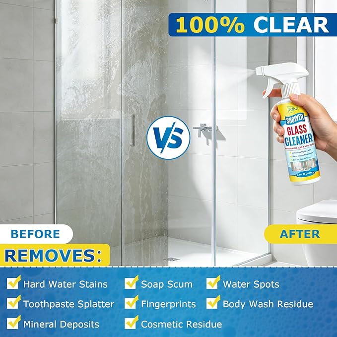 Shower Glass Cleaner – Hard Water Stain Remover & Soap Scum Remover for Shower Doors – Streak-Free Glass Cleaner Spray – For Bathroom Mirrors, Tiles & Glass – 6.8OZ
