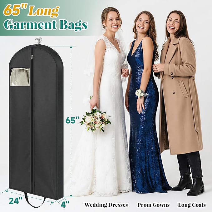 LANDNEOO 65" Long Garment Bags for Travel, Dress Bags for Hanging Clothes, Wedding Dress Cover for Women, Closet Storage for Gowns, Coats, Black, 4 Pack