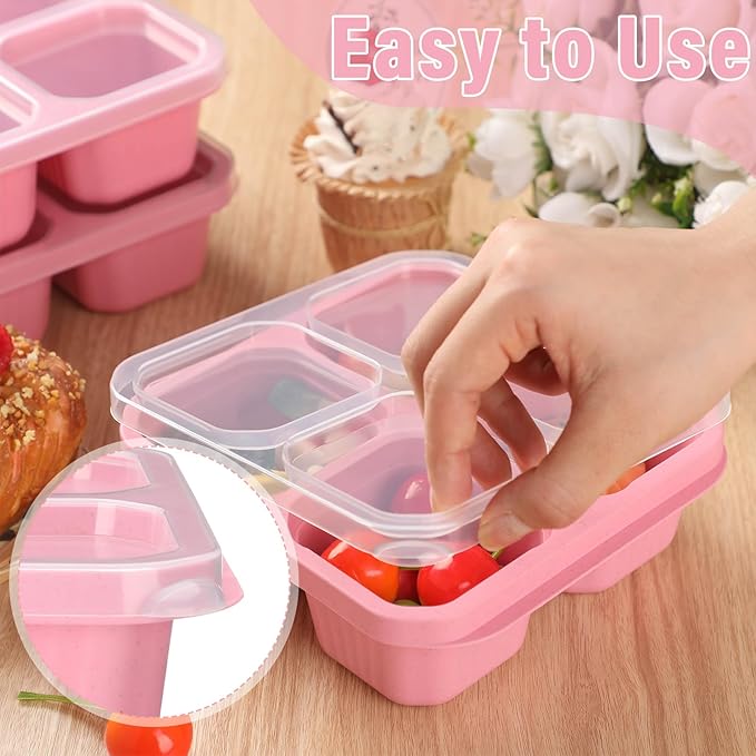 12 Pcs 4 Divided Compartments Snack Containers Bento Wheat Straw Snack Box with Lid Reusable Meal Prep Lunch Box Food Storage Containers for Adults Christmas Travel Work Gifts(Pink)