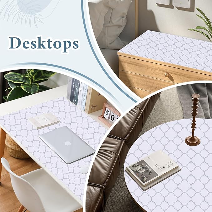 Shelf Liners for Kitchen Cabinets 17in x 20FT Non Adhesive Drawer Liner Silver Quatrefoil Shelf Liner Paper Strong Non-Slip Easy to Clean for Tool Box Refrigerator with Knife and Tape Measure