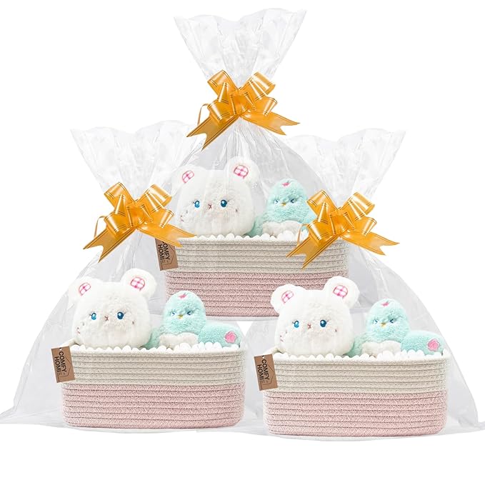 COMFY-HOMI 13" x 8.5" x 5.1" Storage Baskets for Organizing | Cotton Rope Woven Basket | Toy Storage Bin Box | Basket for Shelves, Closet Organizer Bin, Decorative Closet Shelf, 3 Pack, white/pink