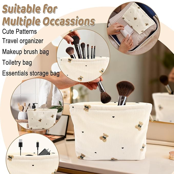 ZLFSQR Corduroy Makeup Bag for Women Small Corduroy Cosmetic Bag Large Cute Bear Travel Makeup Pouch for Purse White Cloth Cosmetic Pouch Zipper Storage Organizer Canvas Toiletry Bags