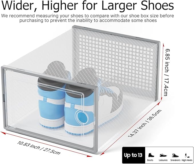 Kuject XX-Large Shoe Storage Boxes Organizers Clear Plastic Stackable 12 Pack, Shoe Rack & Holder Substitute, Sneaker Containers, Shoe Storage Organizer Bins for Closet, Under Bed, Grey (No Fold Line)