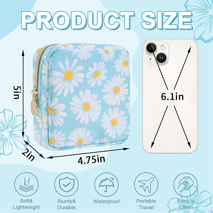 Waterproof Mini Floral Makeup Bag Pouch for Purse,Nylon Flower Cosmetic Travel Bag Small Preppy Toiletry Organizers Bag for Women Girl,Cute Zipper Pouch Coin Purse for Work(Mini Blue-Daisy)