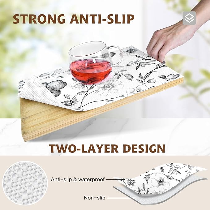 Drawer and Shelf Liner Black Flowers 17in x 20FT, Non Adhesive Anti-Slip Double Layer PVC Reusable Thickened Waterproof Easy Clean for Kitchen Cabinets Refrigerator with Knife Tape Measure