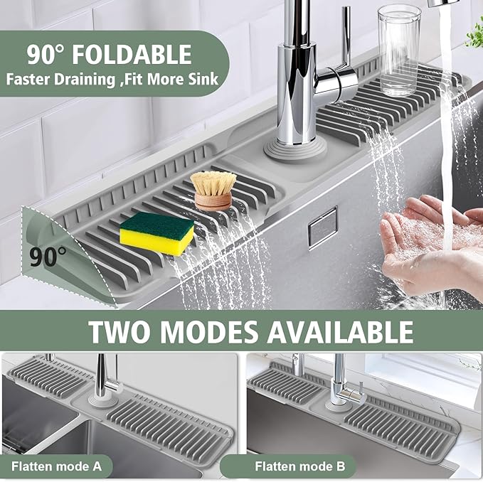 Hugro Tarfive 24-Inch Kitchen Sink Splash Guard Mat | 7° Slope for Fast Self-Draining | Snap-Lock Design | Universal & Cuttable Silicone Faucet Mat Gray