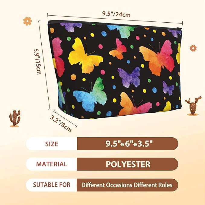 Colorful Butterflies Cosmetic Bag Dots Watercolor Makeup Bags,Travel Make up Bags for Women Girls Cute Zipper Pouch Toiletry Organizer Bag Travel Essentials