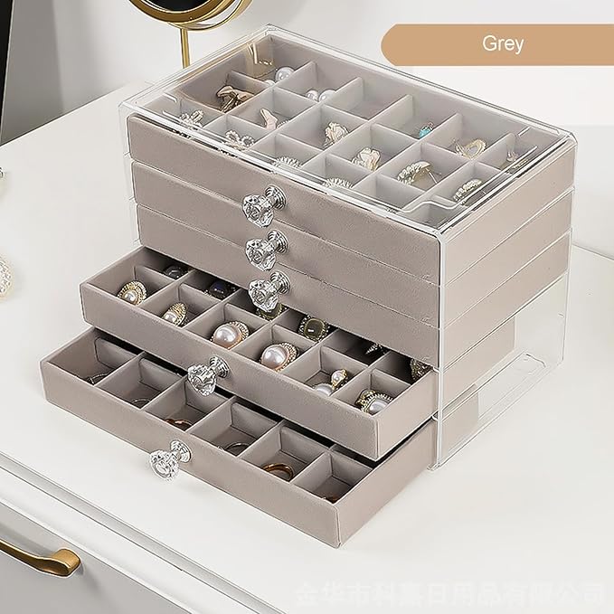 SPAKOWN Earring Box Holder Organizer Display Case, Clear Velvet Jewelry Storage Tray Organizer for Earring Ring Stud (Grey - 5 Drawers)