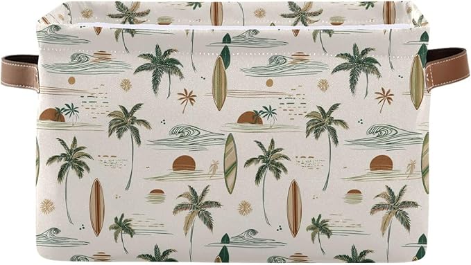 Aslsiy Storage Basket - Hawaii Palm Surf Nursery Bins Brown Baby Box Canvas Clothes Shelf Laundry Hamper Gift Basket for Home Closet - 1 Pcs