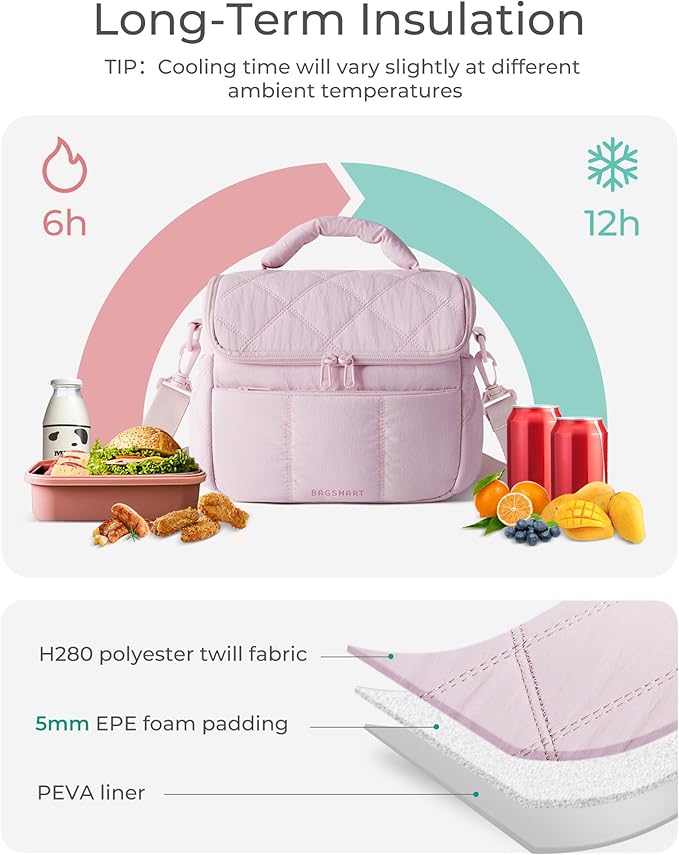BAGSMART Insulated Lunch Bags for Women, Cute Quilted Lunch Box, Lightweight Puffy Padded Waterproof Lunch Tote, Reusable Lunch Cooler for Work Picnic Travel, Cherry