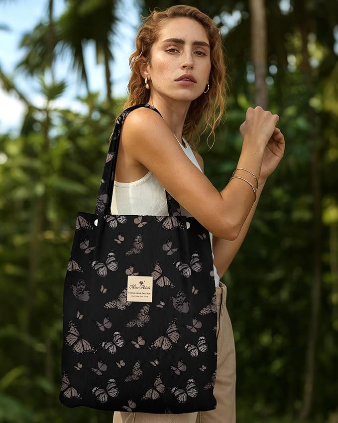 Miss Adola Corduroy Tote Bag for Women - Reusable Totes with Pocket & Buckle Cute Aesthetic Shoulder Bag for Work Travel