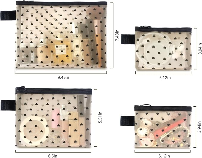4-Piece Heart Printed Mesh Makeup Bag Set, Portable Travel Mesh Cosmetic Bags Toiletry Bags Makeup Purse Bags, Zipper Storage Pouches for Home Offices Travel Accessories (Beige)
