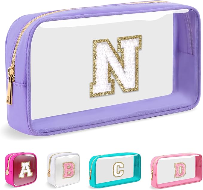 Small Clear Personalized Initial Makeup Bag,Nylon Preppy A-Z Chenille Letter Patch Cosmetic Pouch Beach Toiletry Bag,Waterproof Zip Travel Purse Storage Bag Organizer for Women Girls(Purple-White N)