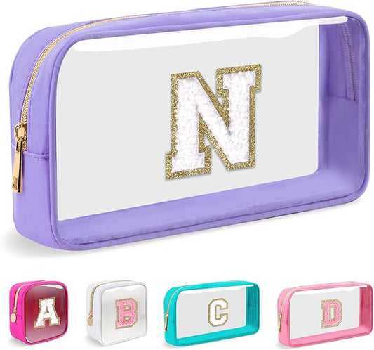 Small Clear Personalized Initial Makeup Bag,Nylon Preppy A-Z Chenille Letter Patch Cosmetic Pouch Beach Toiletry Bag,Waterproof Zip Travel Purse Storage Bag Organizer for Women Girls(Purple-White N)